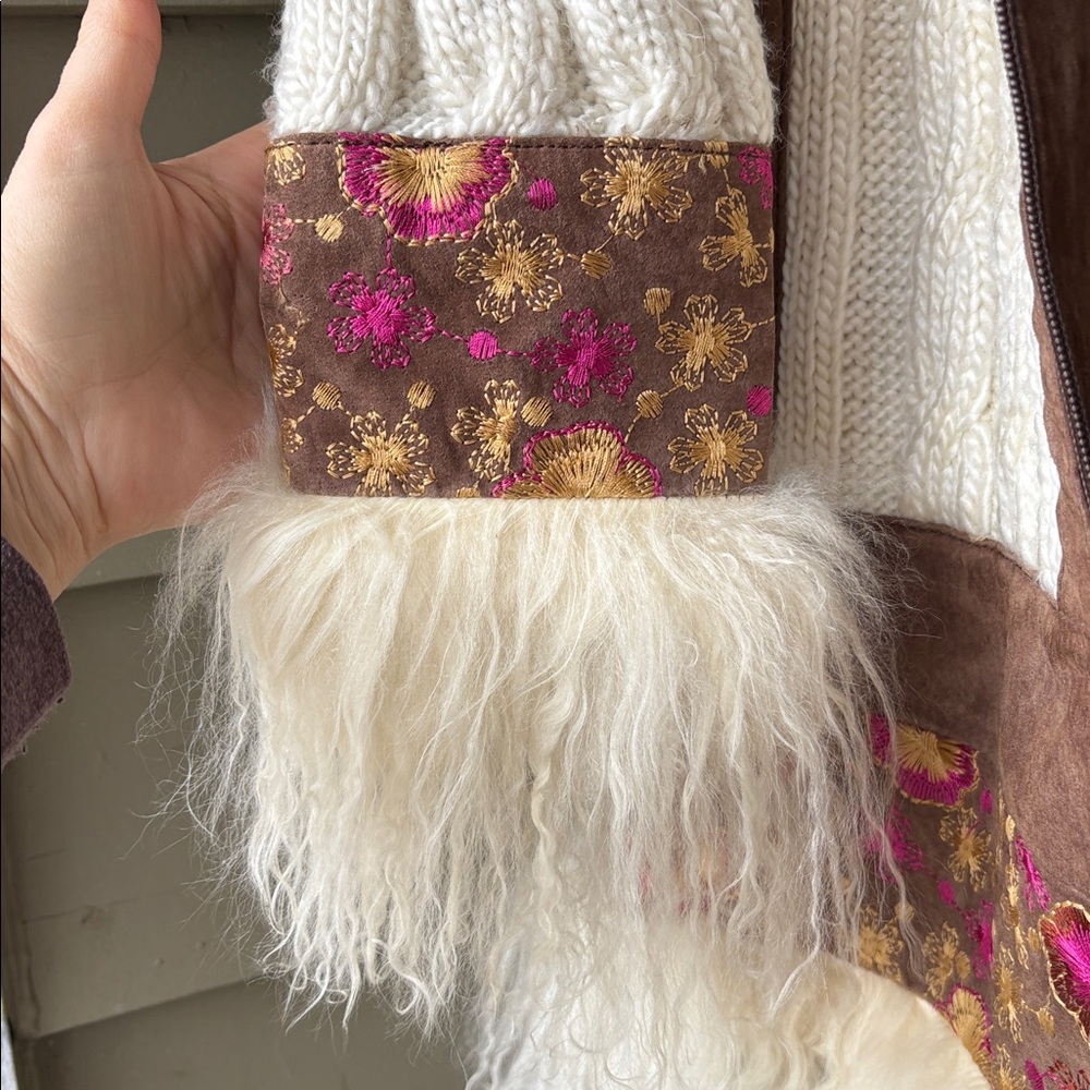RARE Brown and Cream Penny lane style leather and sweater embroidered jacket. S. - Picture 5 of 11
